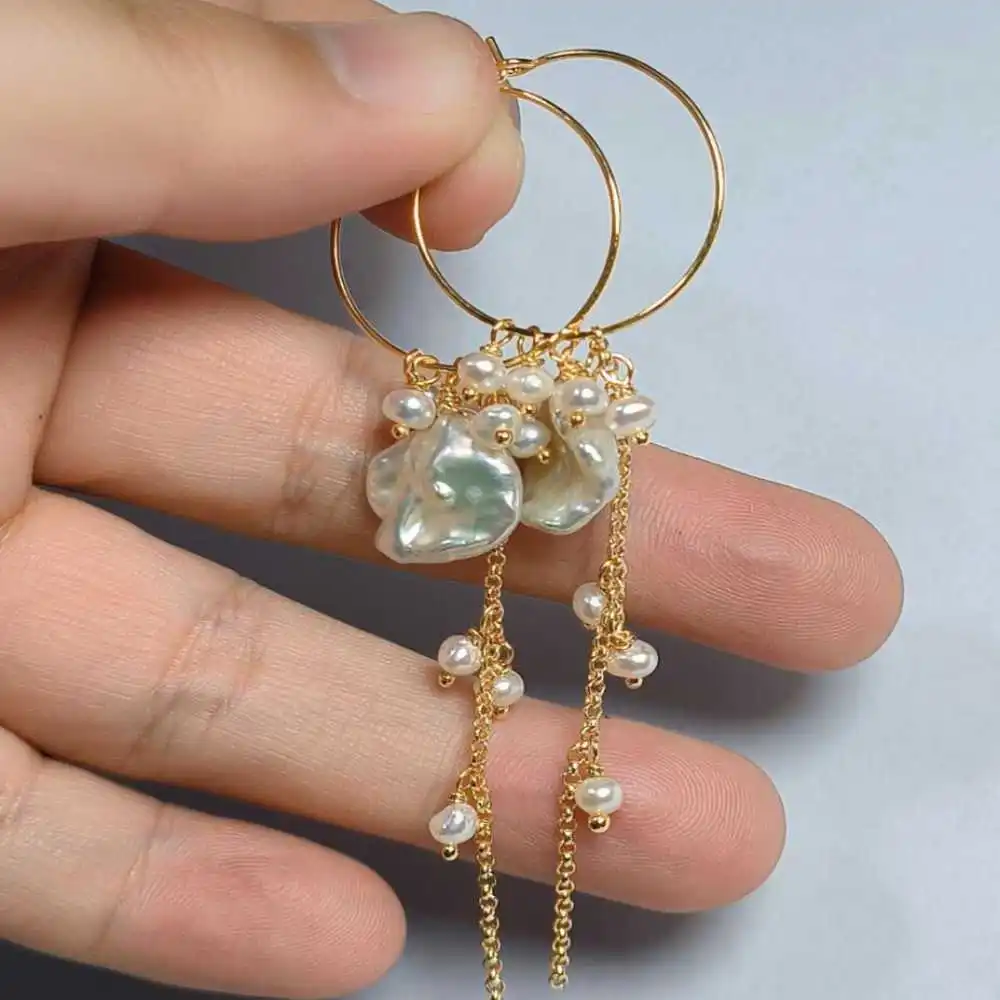 

Natural AAA Baroque White pearl Dangle Earrings tassel 14K New Ear stud Beautiful Lucky