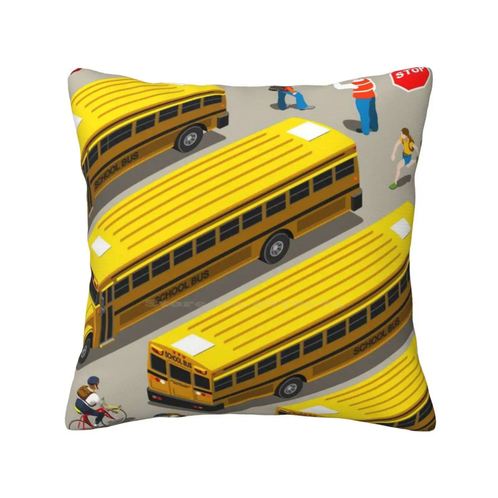 School Bus Vehicle Soft Comfortable Pillowcase School Bus Vehicle Isometric People Set Flat 3D Web Cyclist Template Yellow