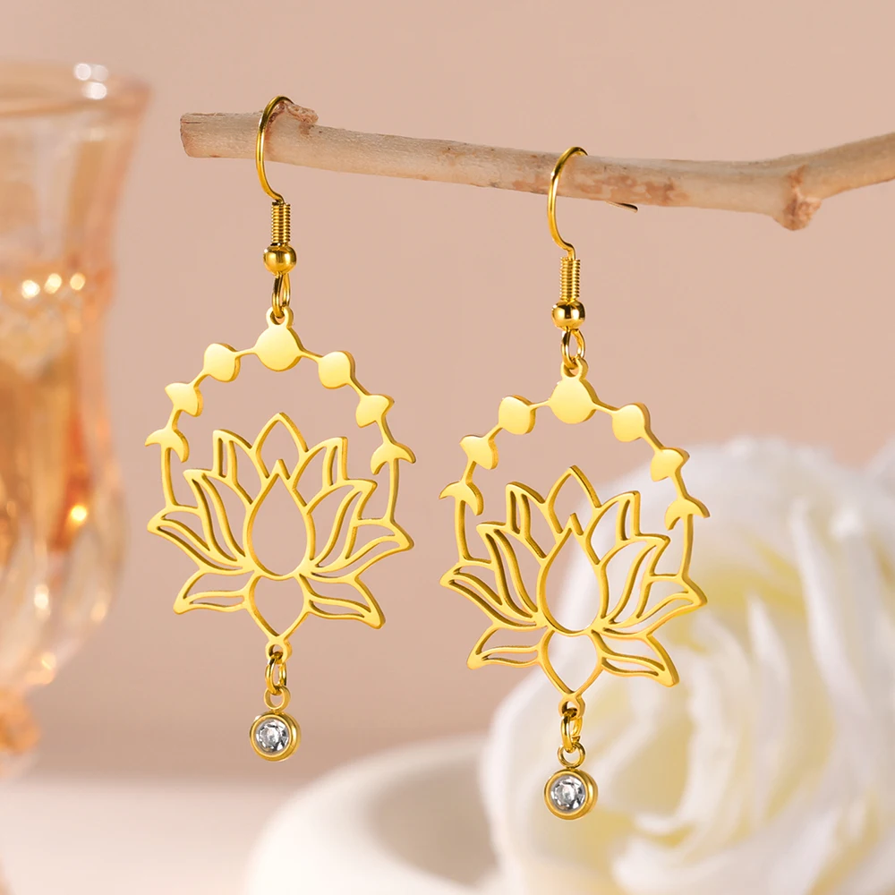 Dawapara Mondphase Lotusblume baumelnde Ohrringe Bohemian klar Zirkon Lotus Yoga spiritueller Schmuck Edelstahl Ohrringe – Detail 10