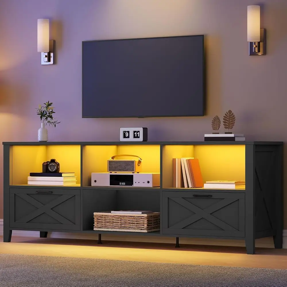 Black 80-Inch Farmhouse TV Stand with LED Lights, Storage, and Adjustable Shelves for Living Room Entertainment
