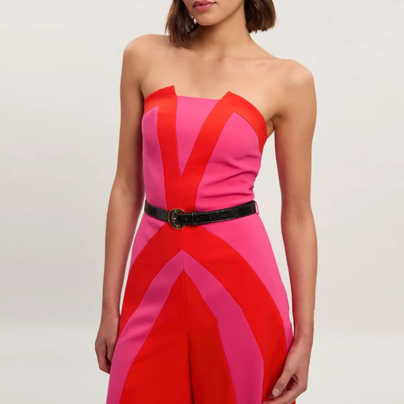 Elegante Off Schulter Frauen Playsuits Mode Farbe Blockiert Ärmel Breite Bein Overalls Elegante Dame Hohe Taille Pendeln Strampler