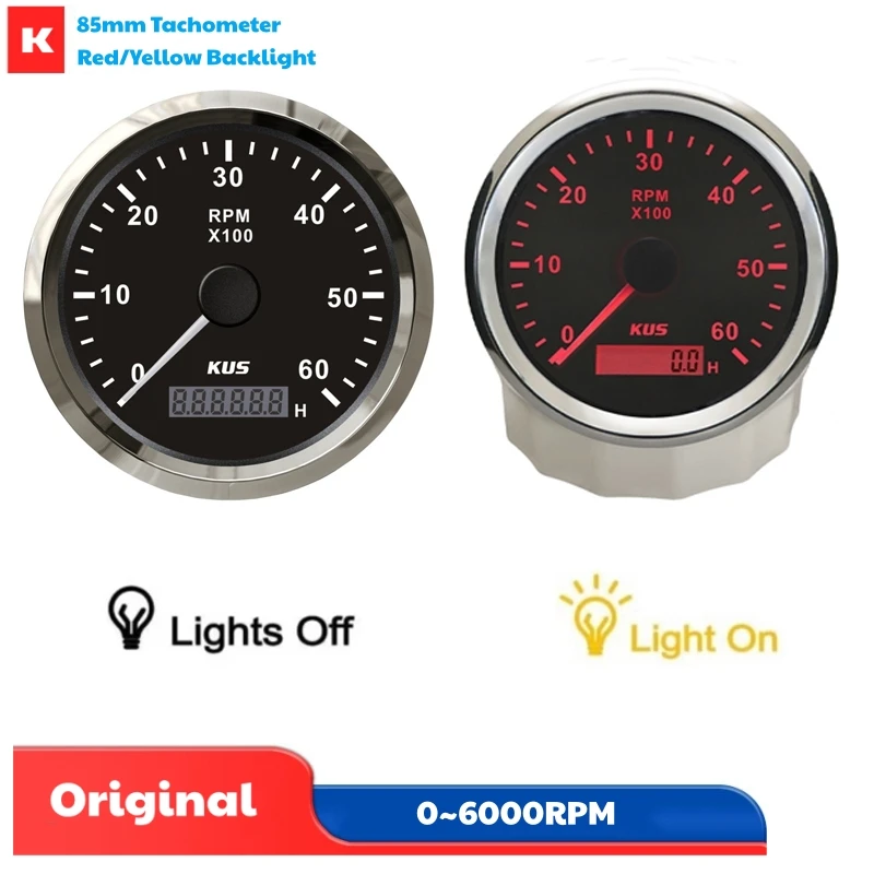 KUS Auto 0-6000RPM Analog Tachometers Gauges 85mm Rev Counters 1-300 Speed Ratio Revolution Meters with Red / Yellow Backlight