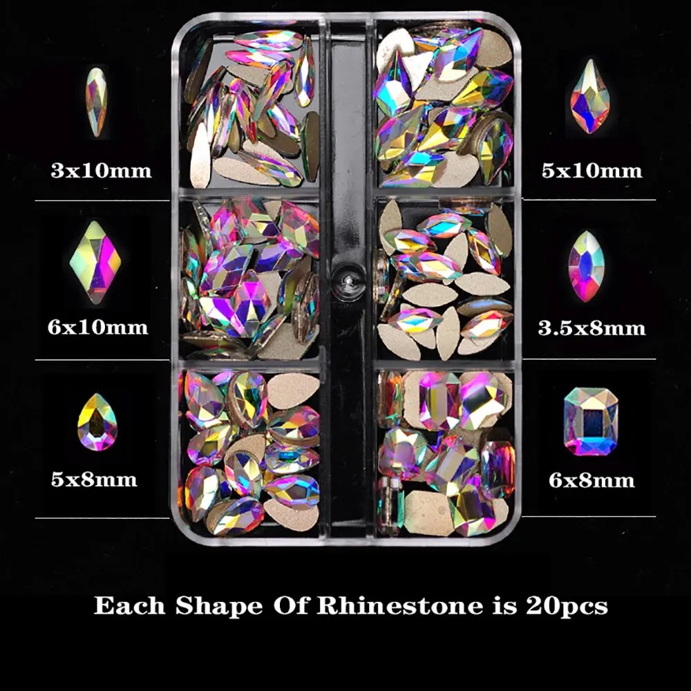 6 Grids Crystal AB Mixed Shapes Nails Rhinestones Flatback Glass Diamond Jewelry Making Beads for DIY Nail Art 3D Decoration