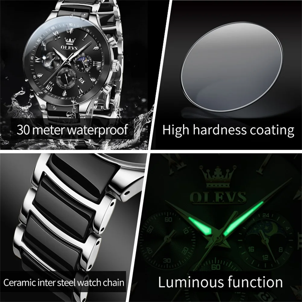 OLEVS 7004 Mens Watch Brand Quartz Watch Ceramic Strap Waterproof Luminous Moon Phase Automatic Date Men's Wristwatch with box