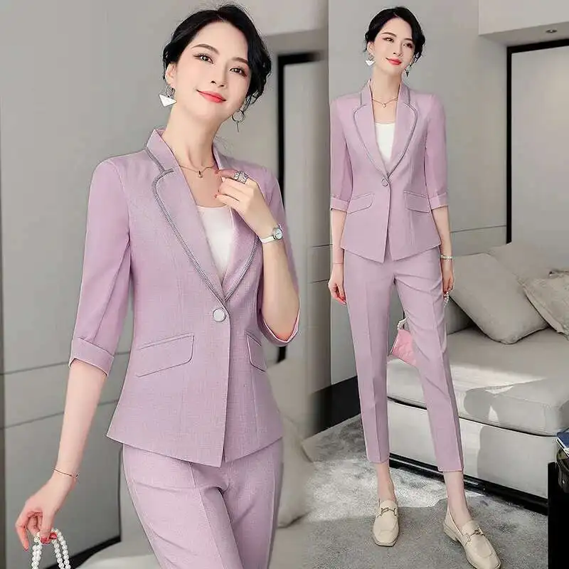 

Formal Women Business Suits with Pants and Jackets Coat Half Sleeve Professional Blazers Trousers Set Office Work Wear Plus Size