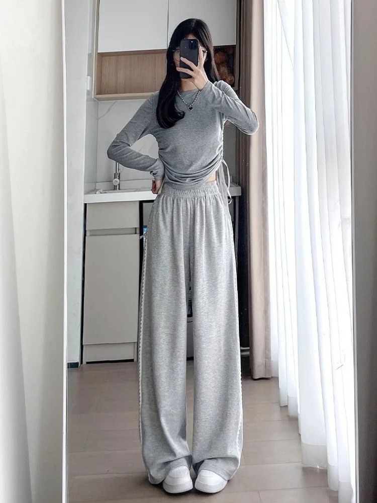 Womens Gray Lace Trim Sport Pants 2026 Fall Spring Wide Leg Straight Sweatpants Casual American Retro Jogger Streetwear Chic