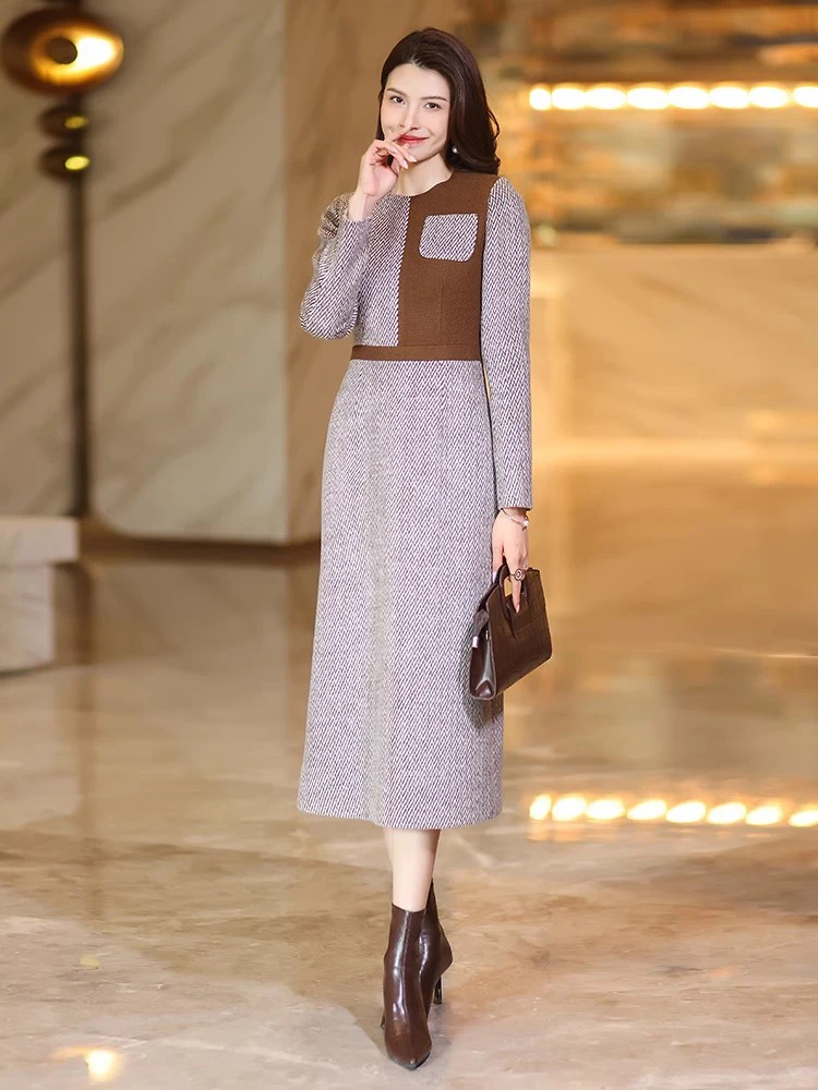Nowa wełniana długa sukienka damska jesień zima Moda O-Neck Długi rękaw Wąska talia Gruba sukienka Elegancka Prostota Patchworkowa sukienka