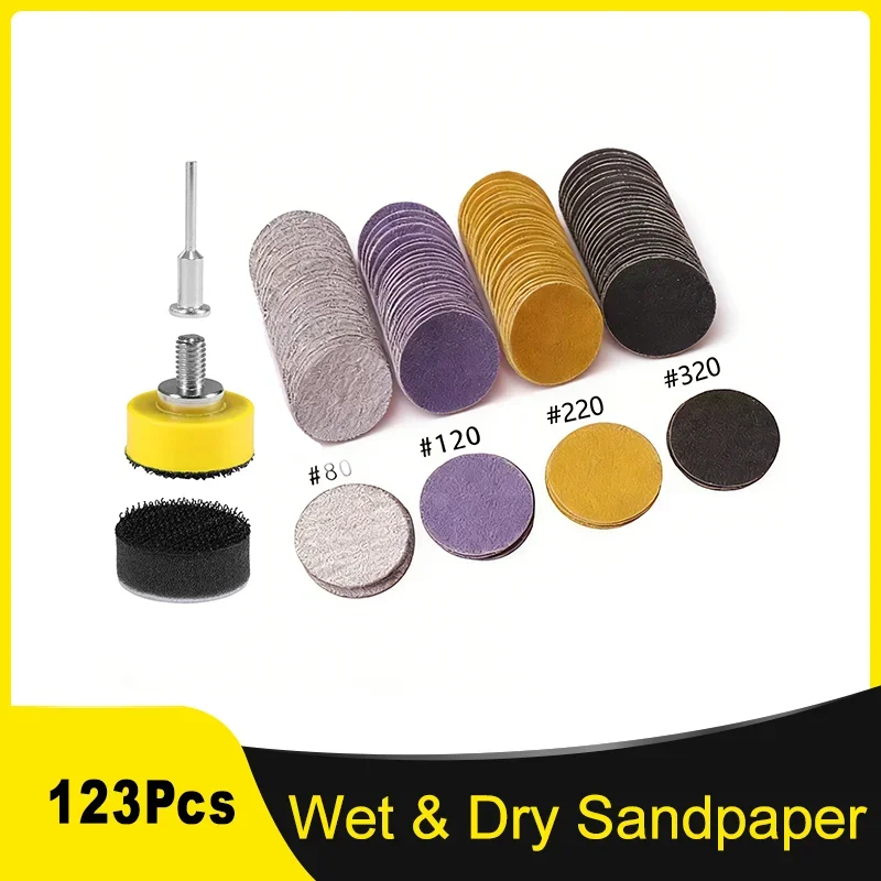 1 Inch 25MM Wet and Dry Sandpaper 123Pcs Hook and Loop 80-320Grits Polishing Pad, for Dremel Drill Grinder Rotary Tools
