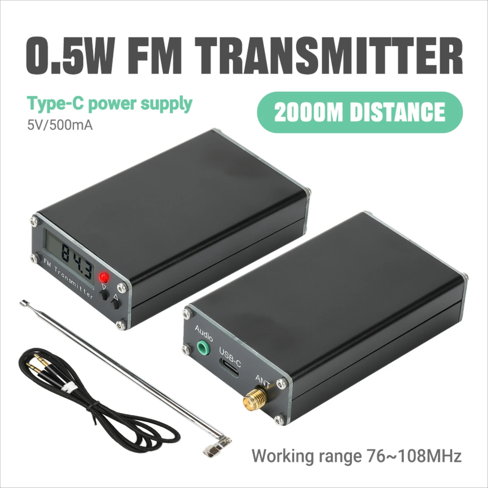

Стерео FM-передатчик 0,5 Вт, 76-108 МГц, диапазон 2000 м — цифровой дисплей с USB Type-C для вещания в церковном кампусном автомобиле