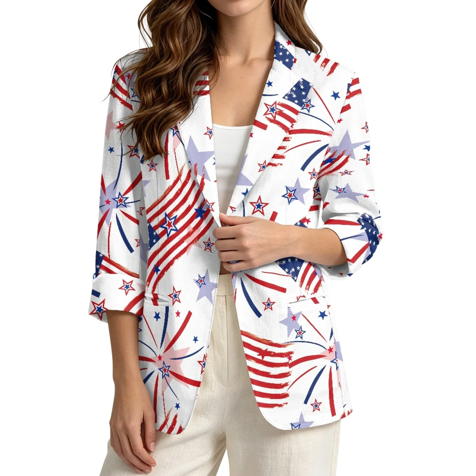 PENSTROLL 4th Of July Flag Linen Style Business Jacket Versatile Outerwear for Women Open Front Beach Coverups