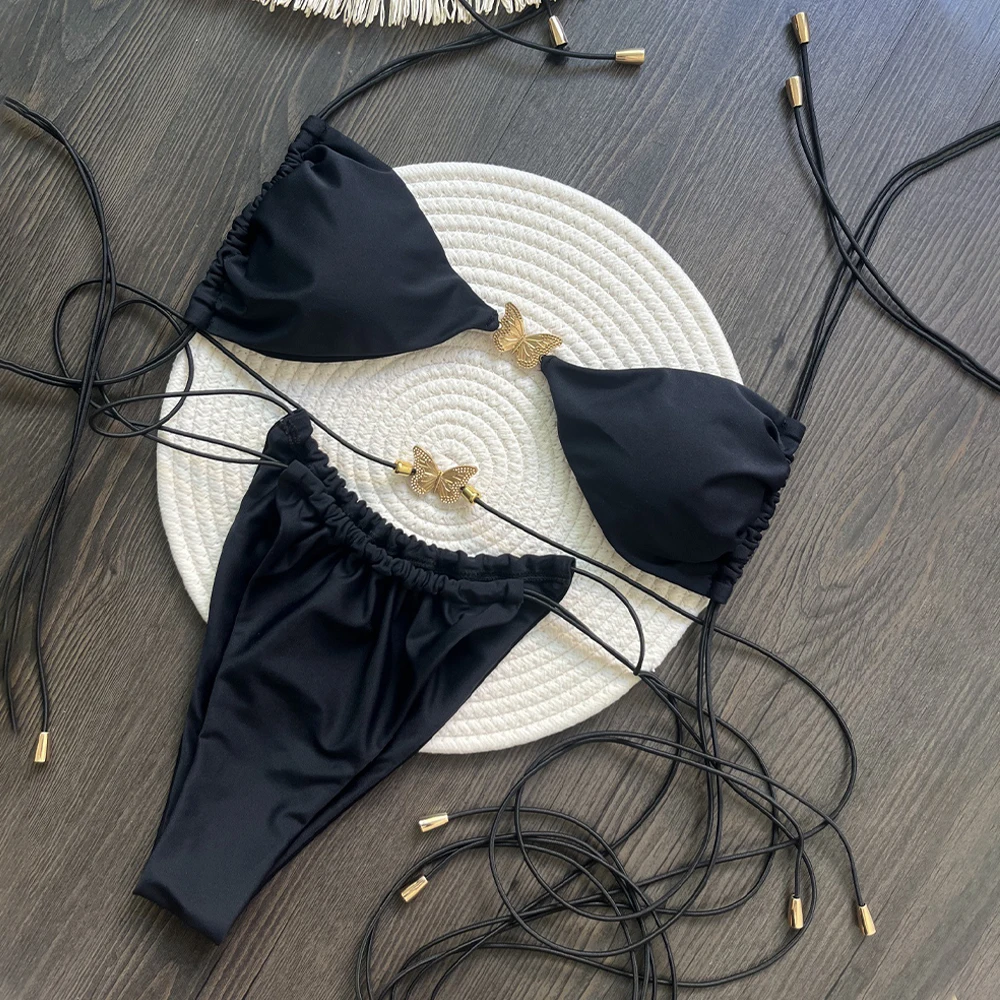 

Para Praia New Sexy Bandage Bikini 2026 Thong Bathing Suit for Women Brazilian Bikini Set Halter Swimwear Blue Push Up Swimsuit