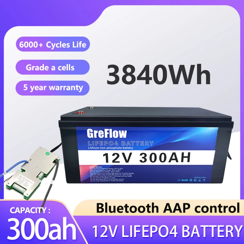 

Класс A 300AH Lifepo4 Battey 12 В литий-железо-фосфатный аккумулятор Управление приложением для солнечной энергетической системы Гольф-кара Кемпинг