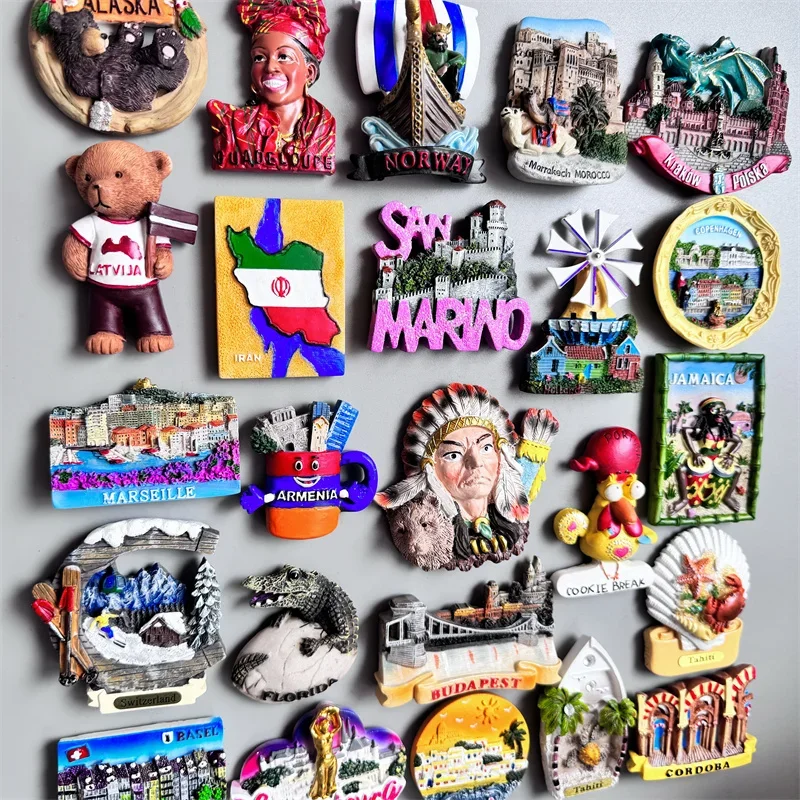 Fridge magnets Budapest Cordoba Tahiti Luxembourg Jamaica Portugal Indian Denmark Armenia Marseille Morocco Norway Latvia