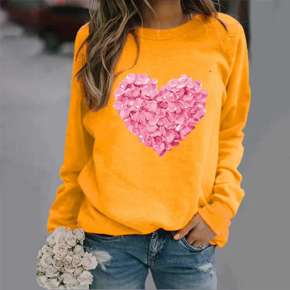 Crew-neck Hoodie Pink Petal Love Print New European and American Valentine\'s Day Hot Sales Streetwear Women Sweatshirt