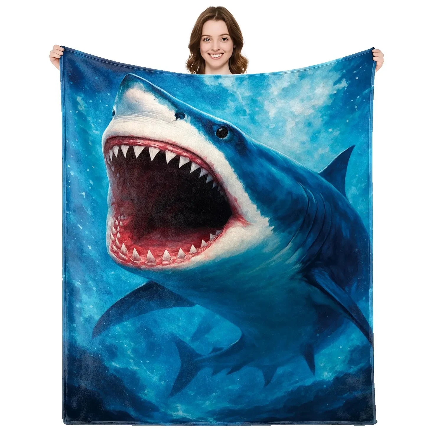 Vivid Great White Shark Ocean Scene Throw Blanket Cozy Beach Shark Art Gift for Home Decor