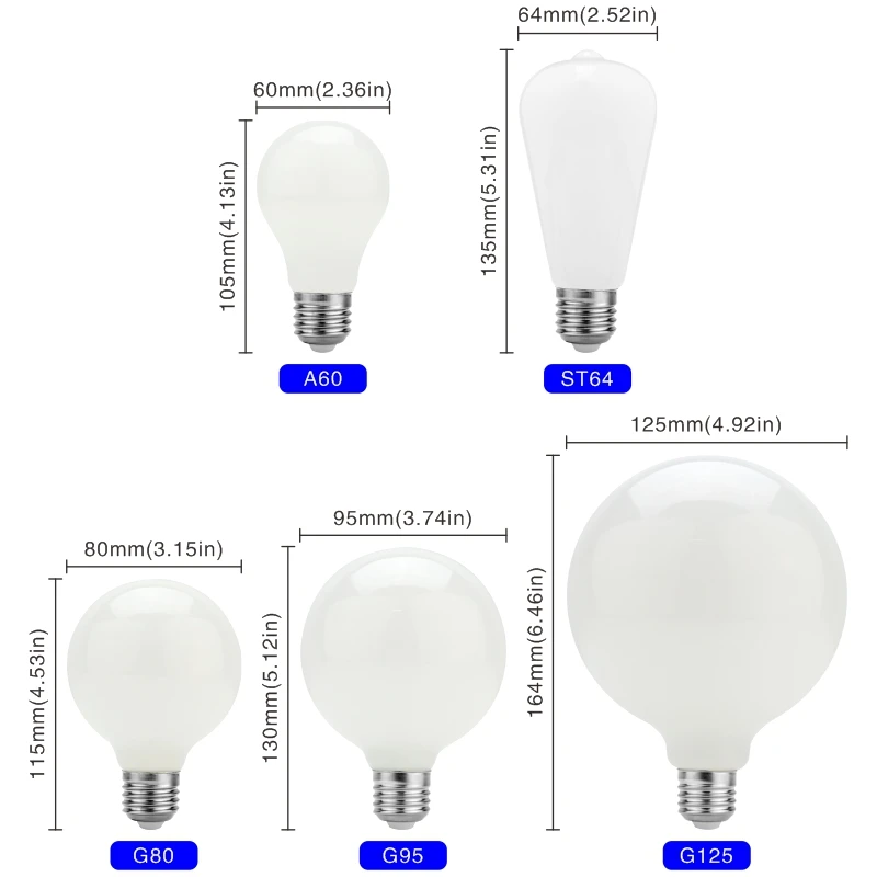 Milky Glass Bulb E27 5W Edison LED Light Bulb A60 ST64 G80 G95 G125 110V 220V Globe Ball Bulb Cold/Warm White Lampada LED Lamp
