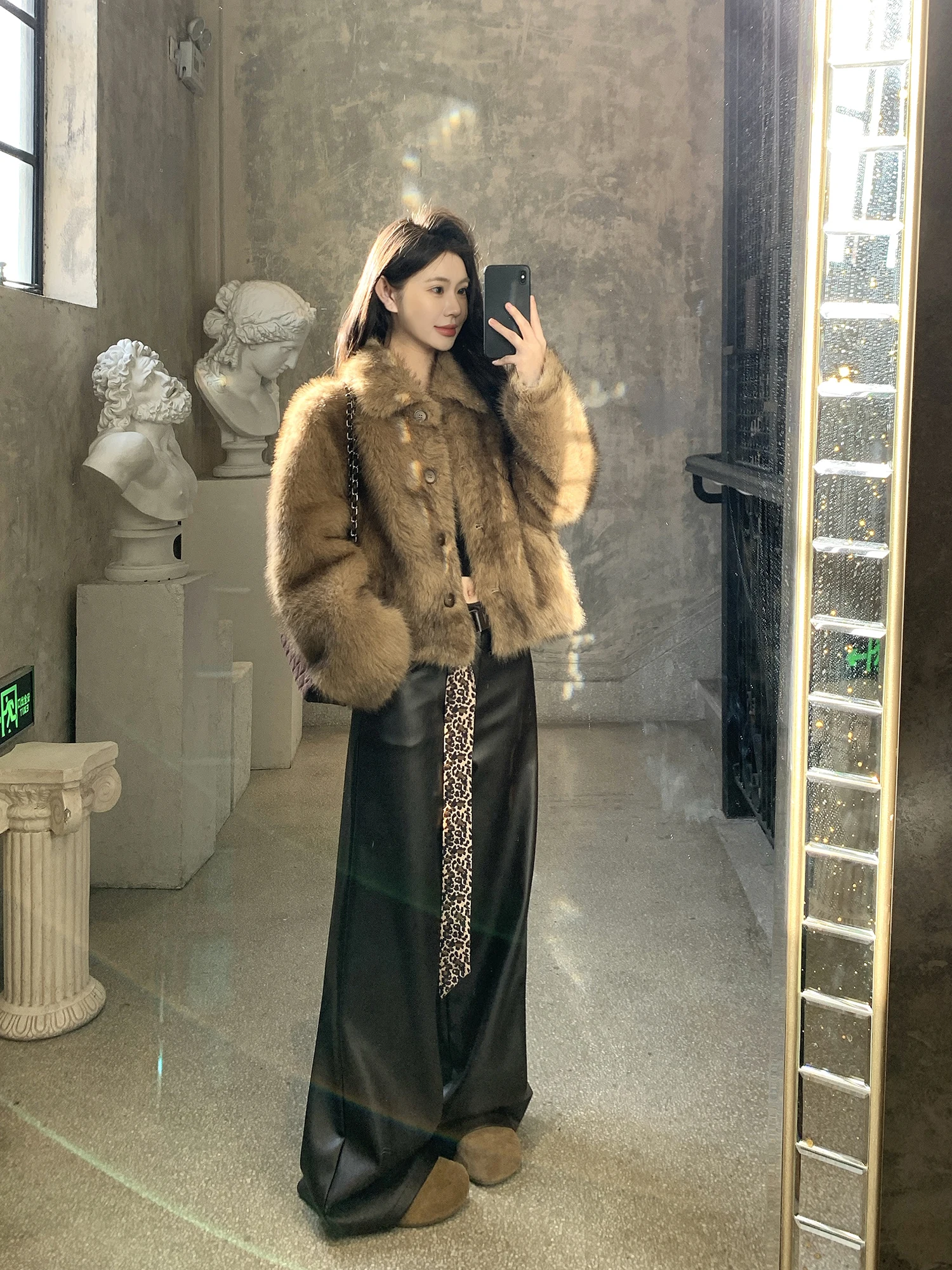 

Eco-Friendly ort Fur Coat with Stand Collar Loose Fit for Women by Withmxboom ey Color Faionable And Sli Winter Out...