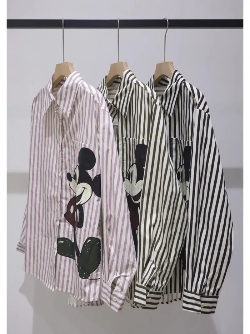 Age Reduction Versatile Cartoon Cute Blouse 2024 Early Autumn Loose Thin Medium And Long Cotton Striped Long-sleeved Shirt Women