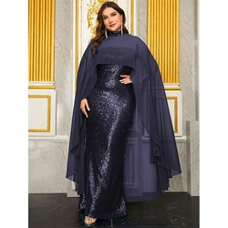 Plus Size Women's Sparkling Sequined Chest Wrap Evening Gown, Chiffon Cape, Gold, Gorgeous, Long Prom Evening Gown, Big Size