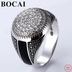 BOCAI Real S925 Sterling Silver Charms Rings for Men Micro Inlaid Zircon Platinum Plated Enamel Craft Fine Choice Jewelry