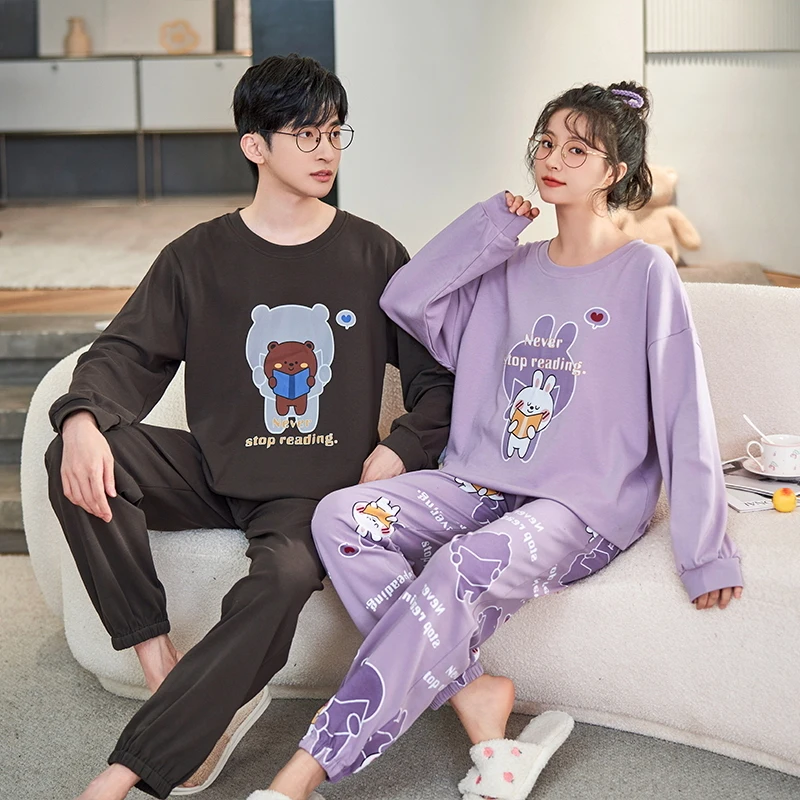 Pijama largo de algodón coreano para hombre y mujer, ropa de dormir informal con estampado de dibujos animados, conjunto de 2 piezas para primavera