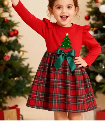 Girls' Christmas Long Sleeve Cotton Dress with Bow Tie & Christmas Tree Embroidery, Family Party Winter Fall Outfit