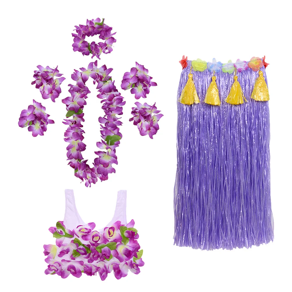 1세트 두꺼운 풀치마 하와이 파티 의상 꽃 화환 훌라 드레스 비치 루아우 의상 사진 소품 풀치마