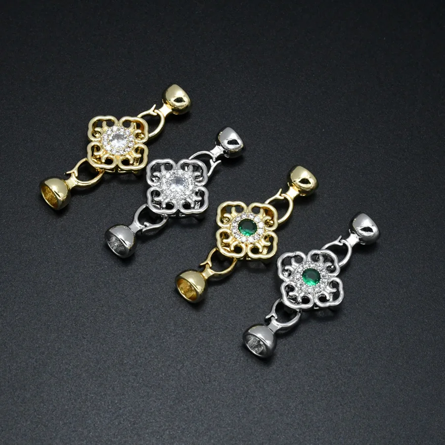 

High Quality Real Gold Plaing Green White CZ Setting Clover Shape Double Connector Clasp For Necklace Making Findings