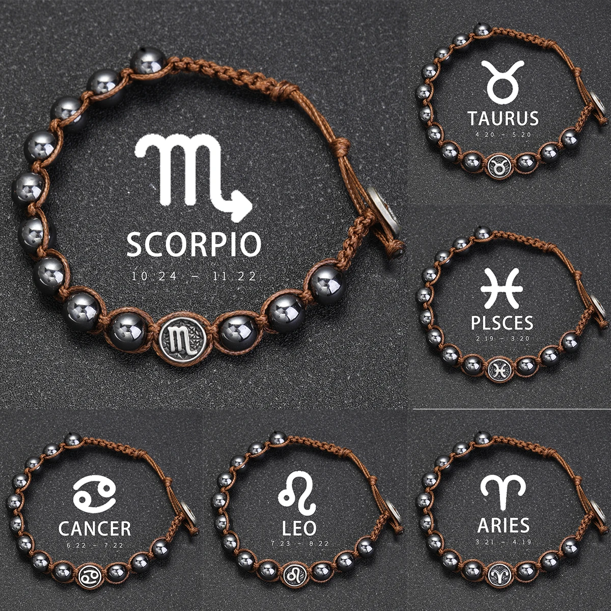 

Hand Woven Bracelet Hematite 8mm Beads 12 Constellation Bracelet Stainless Steel Accessories Men's And Women's Bracelets