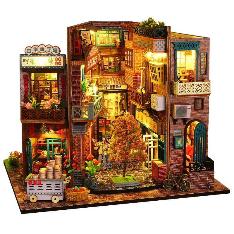 Kit modello in miniatura in legno fai-da-te cinese antico Street View Casa 3D Puzzle Casa delle bambole con luci mobili per regali di amici