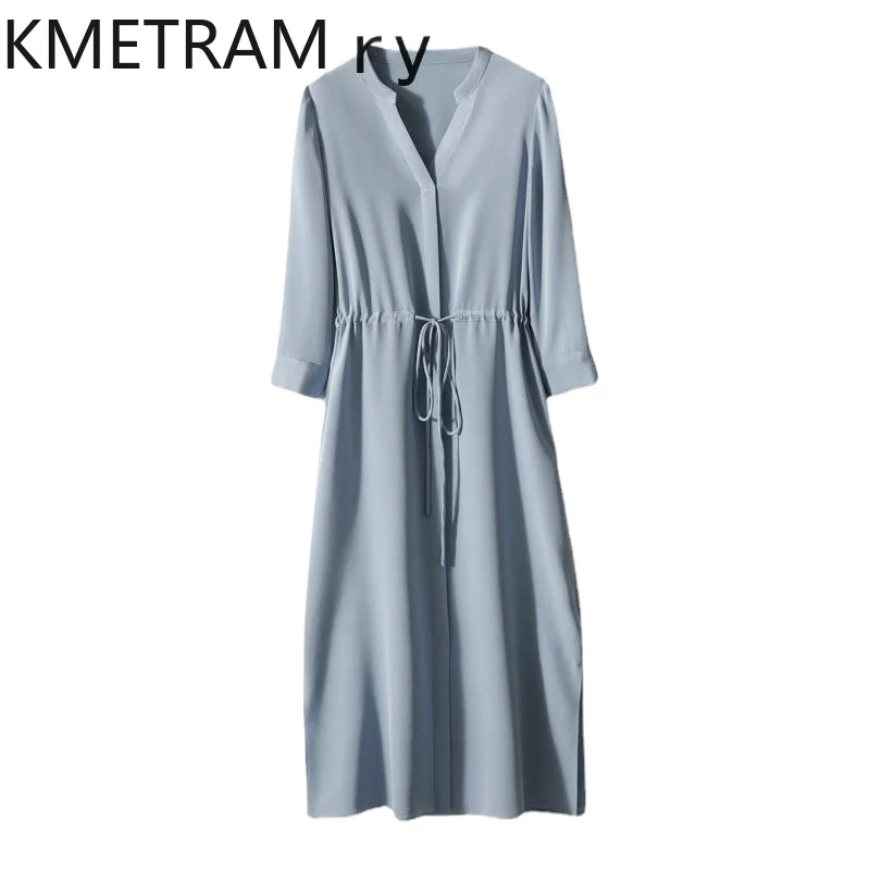 

KMETRAM Mulberry Silk Dresses for Women New in 2024 Summer Mid Long V-neck Dress Sizes S-XL Women's Clothing Robe Femme Été