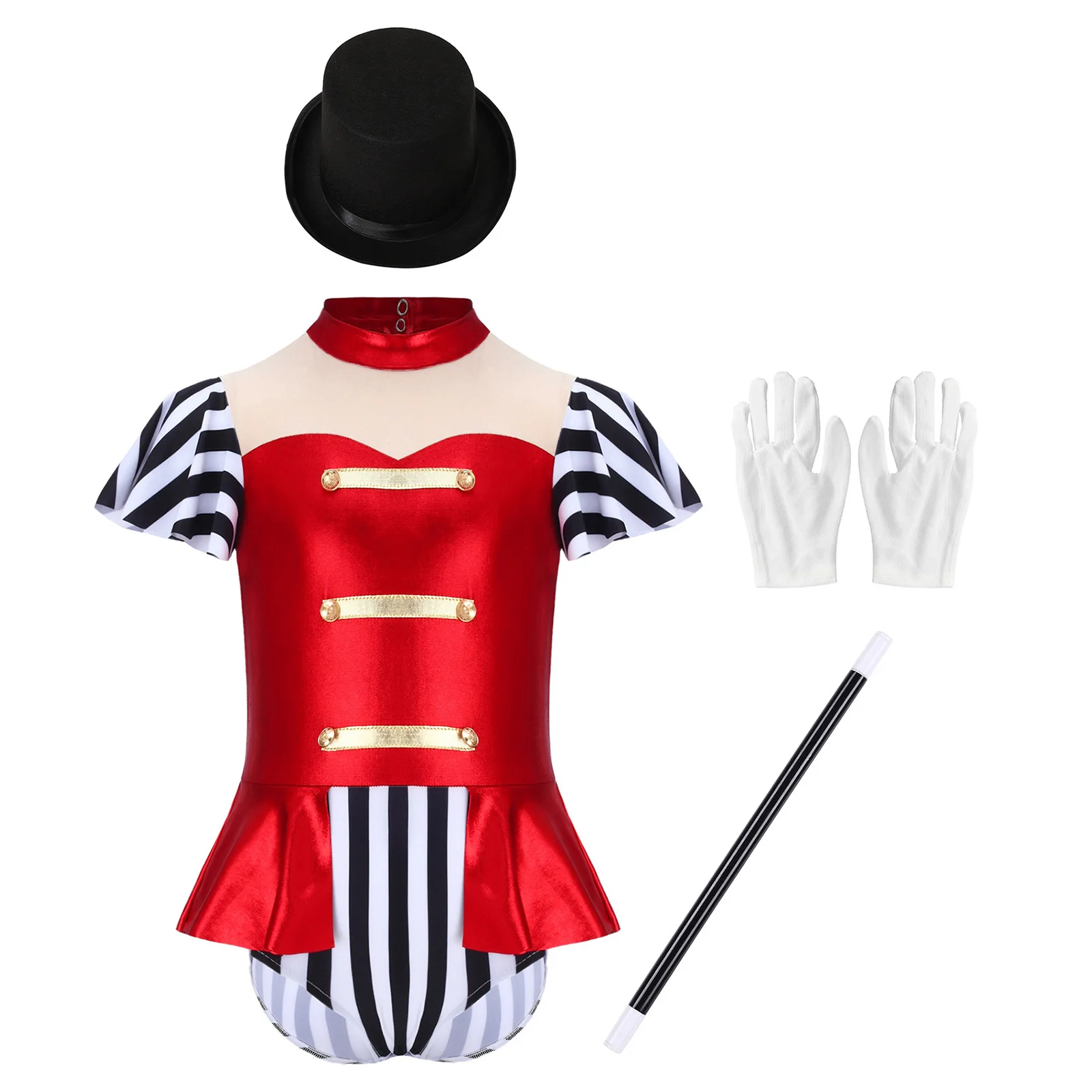 الفتيات 4 قطعة زي السيرك Ringmaster لمعان معدني المرقعة وهمية الرقبة قصيرة الأكمام بذلة وقفازات قبعة المتطابقة عصا سحرية