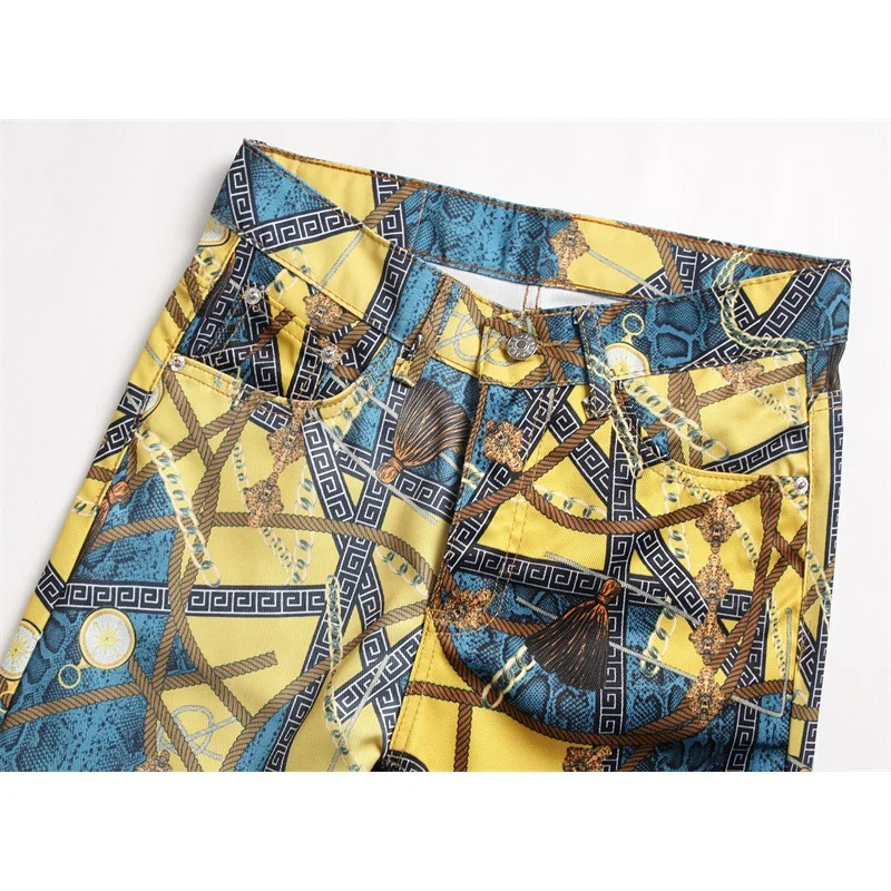 Full body printed pants men's fashion high-end men's slim fit stretch feet personality trendy handsome party casual jeans