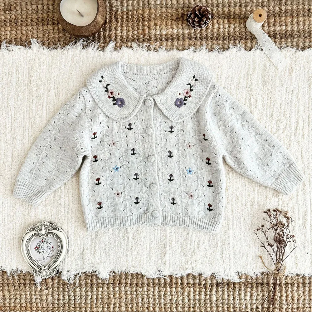 Fall kids clothes baby girls clothes Vintage flower embroidery Light apricot knitted cardigan Girls' autumn coat