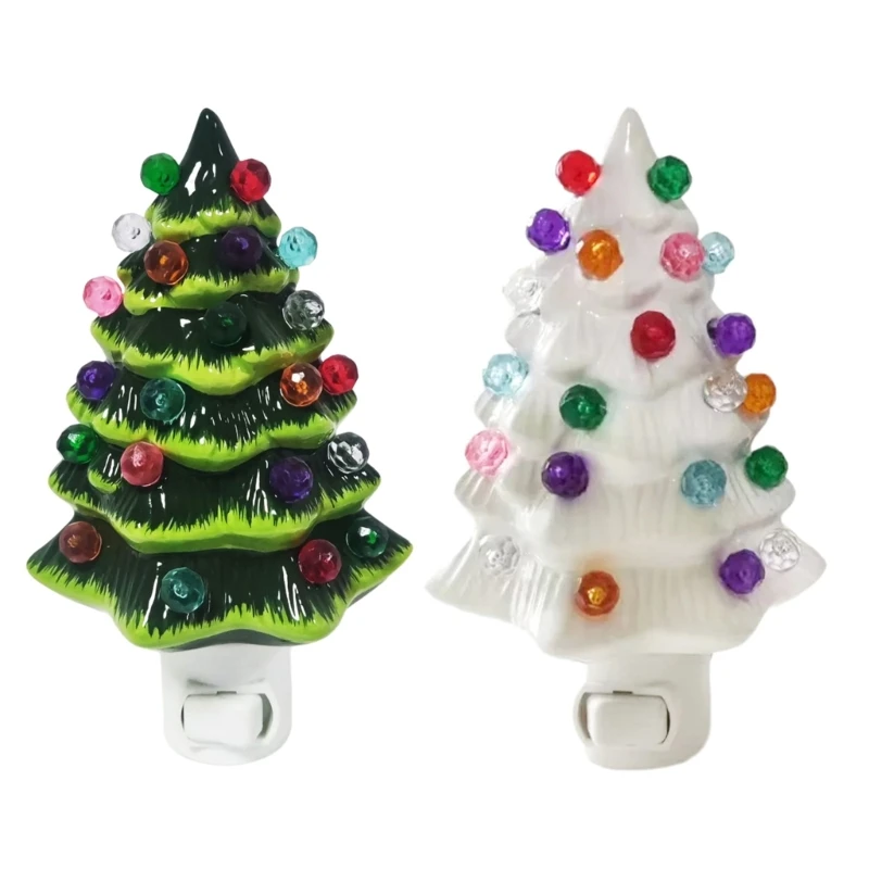 K1MF Ceramic Christmas Tree Nightlight Plug In Night Light with Multicolors Bulbs Colorful Bedroom Lamp Holiday Decoration