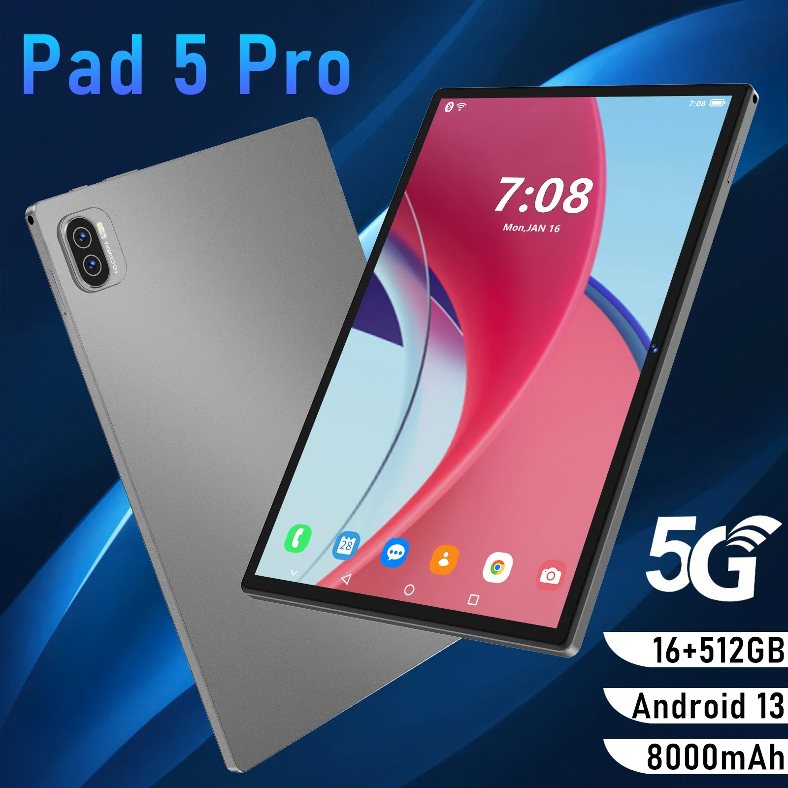 NUOVO 10.1 ''Pad 5 Pro Tablet Qualcomm snapdragon870 16GB + 1024GB 10000mah 5G Android 12 Dual SIM WIFI HD Schermo intero