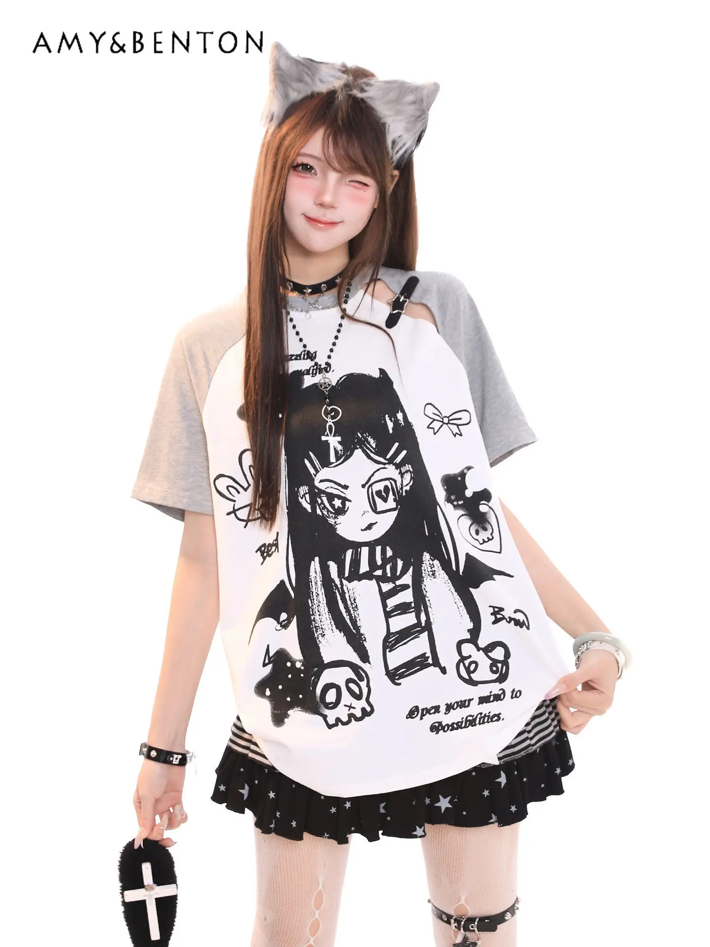 

2026 Summer New Japanese-style Anime Print Loose Casual Daily Women's White and Gray Round-neck Short-sleeve T-shirt