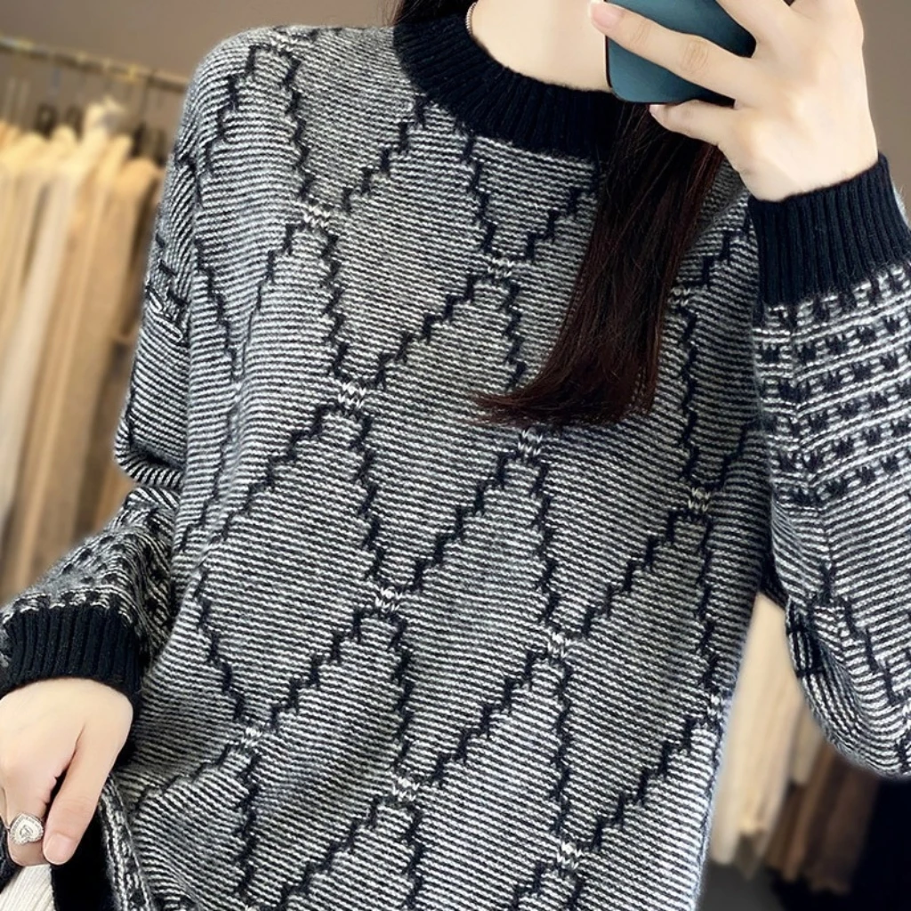 

Women's Elegant Diamond Color Matching Cardigan round Neck Pullover Knitted Sweater All-match Autumn Winter New