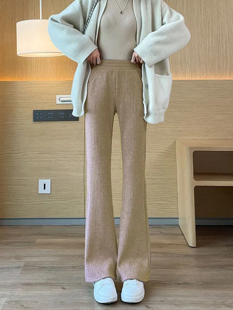 Warm  Thicken Plus Velvet Flare Pants Winter Elegant Womens Pantalones Korean Fashion High Waist Slim Plush Lined Trousers 90Cm