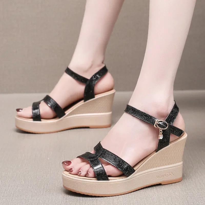 New Comfortable Bling Split Leather Shoes Women\'s Platform Wedges Sandals Summer 2024 High Heels Sandals for Office Beach Mom