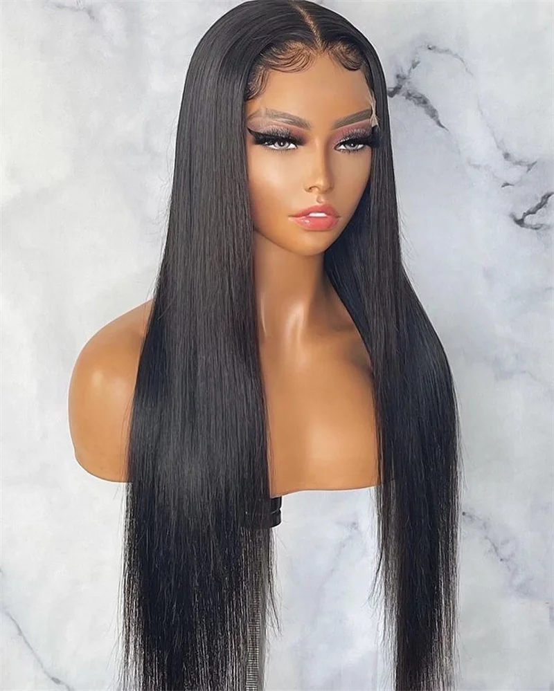 Perruque Lace Front Wig synthétique lisse sans colle, 26 pouces, densité 180, noire naturelle, pour femmes, avec Baby Hair, lisse, préplumée, 03/3