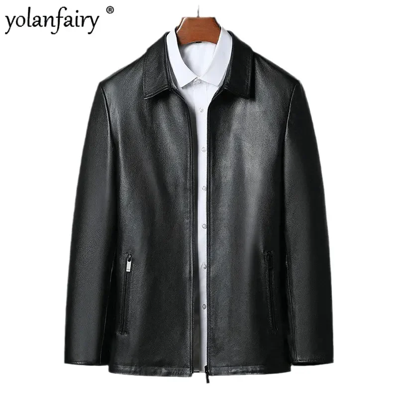 Pure Cowhide Leather Jacket Men Lapel Leather Down Jackets Male Detachable Inner Men's Clothing Chaqueta De Cuero Para Hombre FC