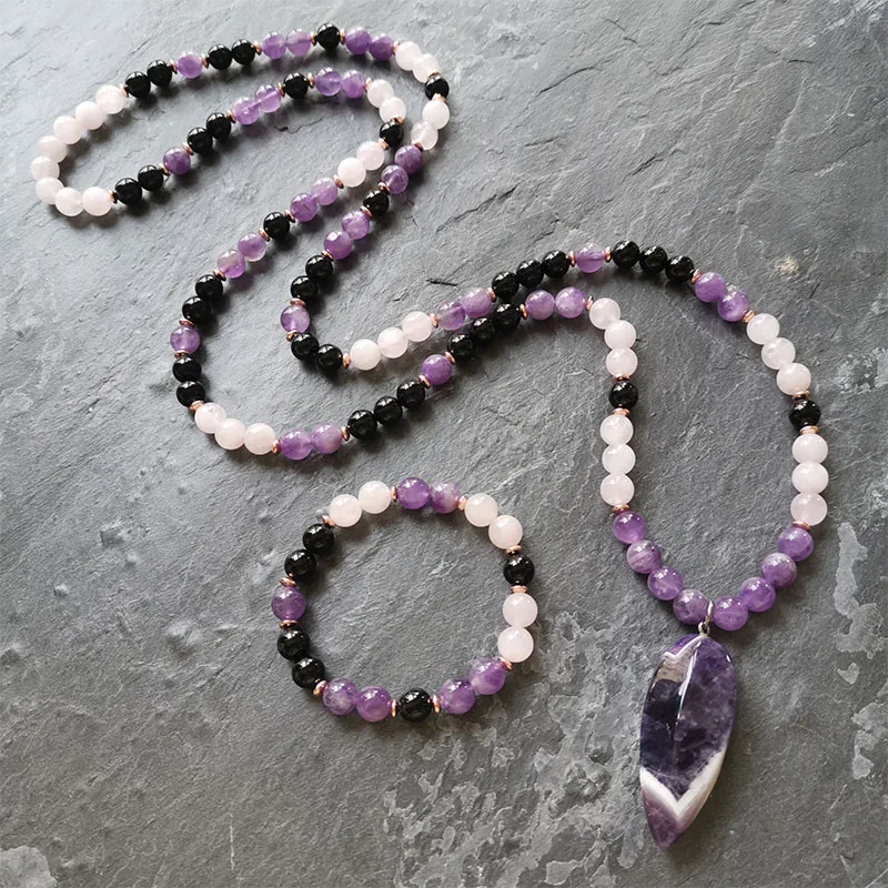 8mm Amethyst And Rose Quartze Stone Beads,Amethyst Pendant,Prayer Bracelet,Balance Emotions Necklace Jewelry,Best Gift For You