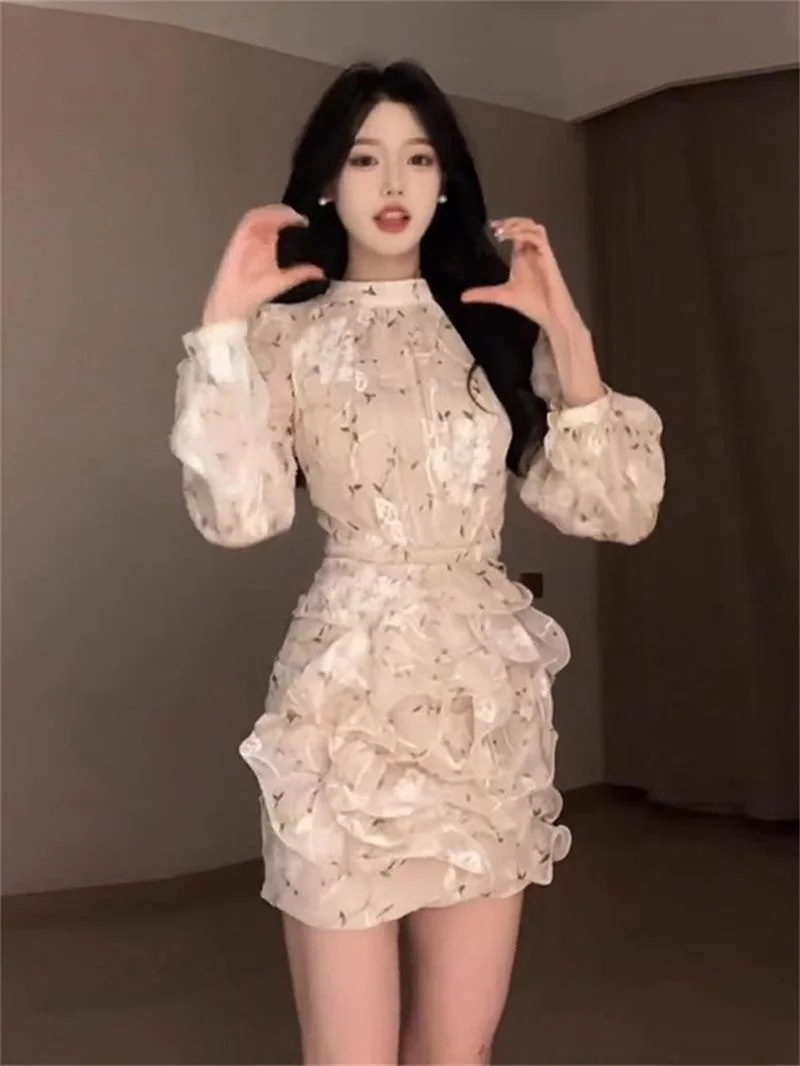 新作高級ファッションミニドレス レディース 花柄プリント ロングスリーブ スリムウエスト シャーリングシフォンドレス フリル付きワンピース 秋物