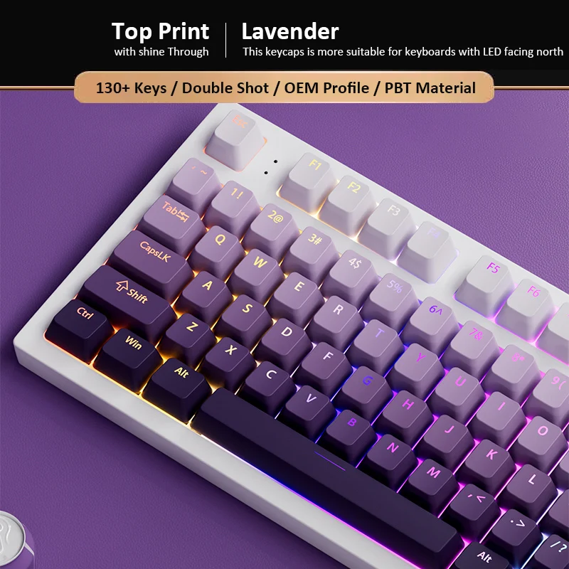 130 Key Lavender Purple OEM Profile Custom Shine Through PBT Keycap Double Shot Keycap for MX Switches Mechanical Gamer Keyboard