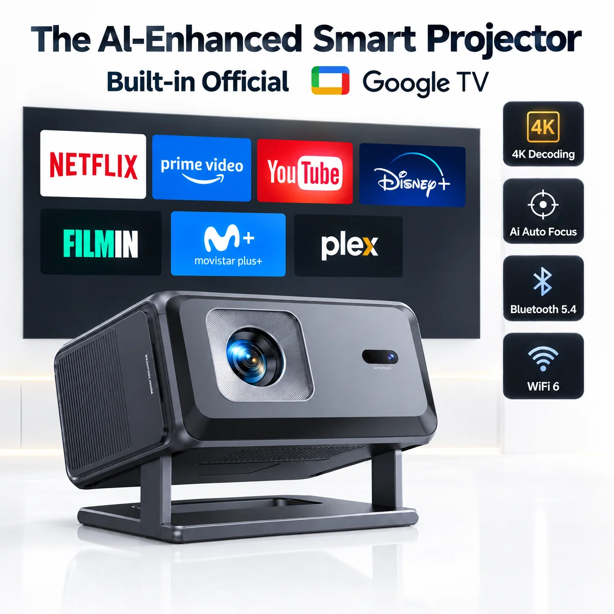 TOPTRO Projektor 4K Full HD 1080P mit Autofokus, Keystone-Korrektur und integrierten Apps für Google TV, Video und Filme, tragbarer Projektor für Heimkino