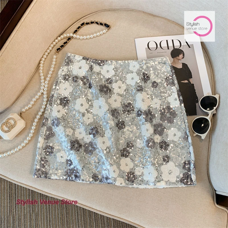 French heavy industry silver sequined flower skirt female fashion Western-style high-end waist slim summer temperament skirt.