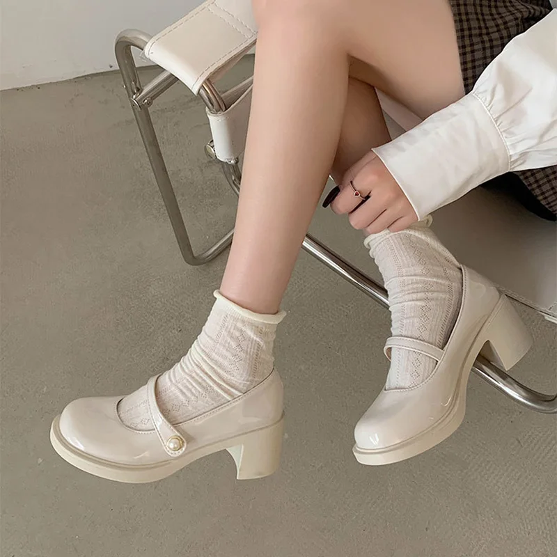 Spring Women Pumps Mary Jane Chunky Heel Platform Peal Buckle Ladies Sandals Female Retro Shallow College Girl Cute Shoes Mujer