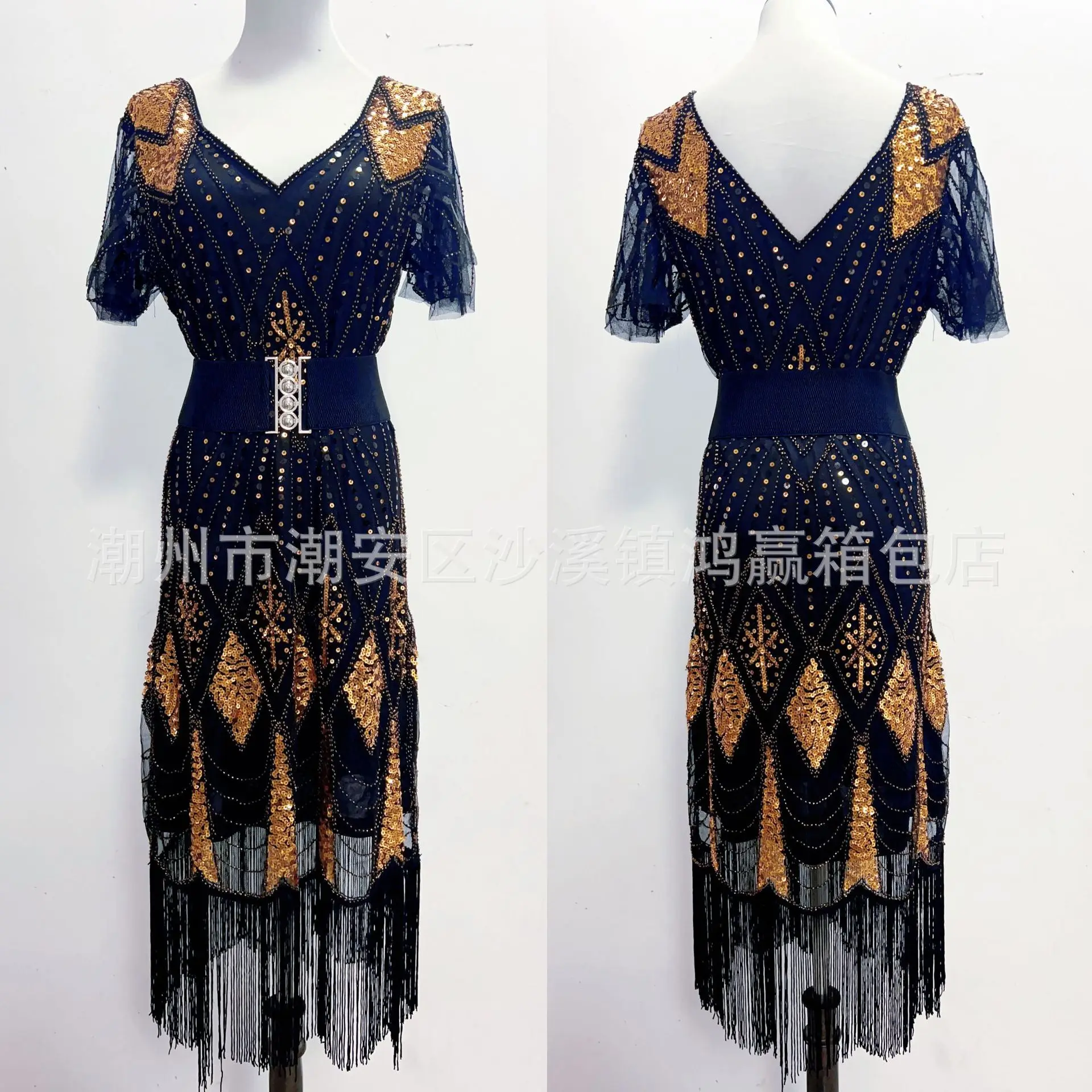

New Fashion Versatile Luxurious Waist-Cinching Slimming Strap Dress with Heavy Beading Sequins Embroidery Short Sleeve Dress