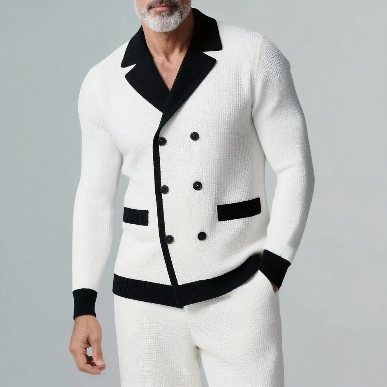 Men's White And Black Contrast Waffle Knit Notch Lapel Double Breasted Long Sleeve Shirt